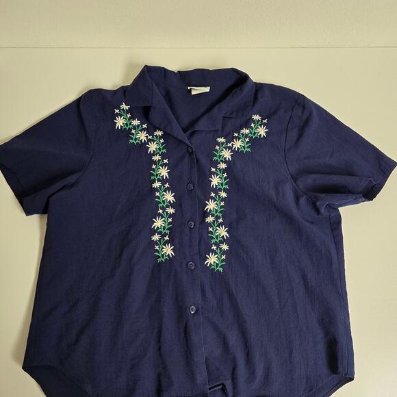 BonWorth Vintage Navy-Blue Button-Down Blouse Floral Embroidery Size Petite Med - Picture 2 of 10
